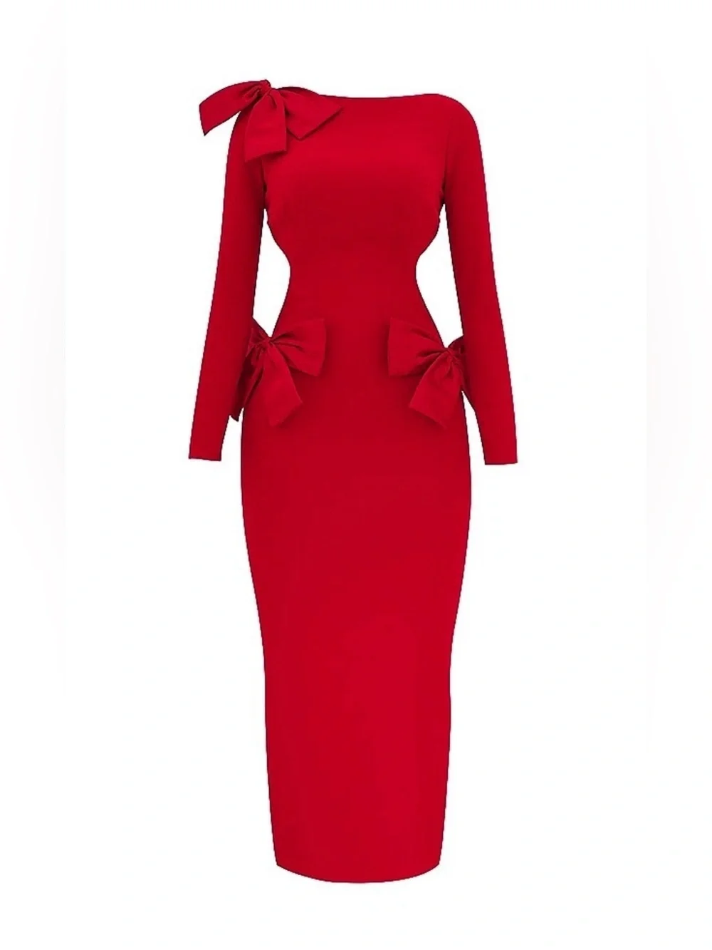 House of CB Red Long-Sleeve Maxi Dress with Sculpted Bows - Picture 2 of 4